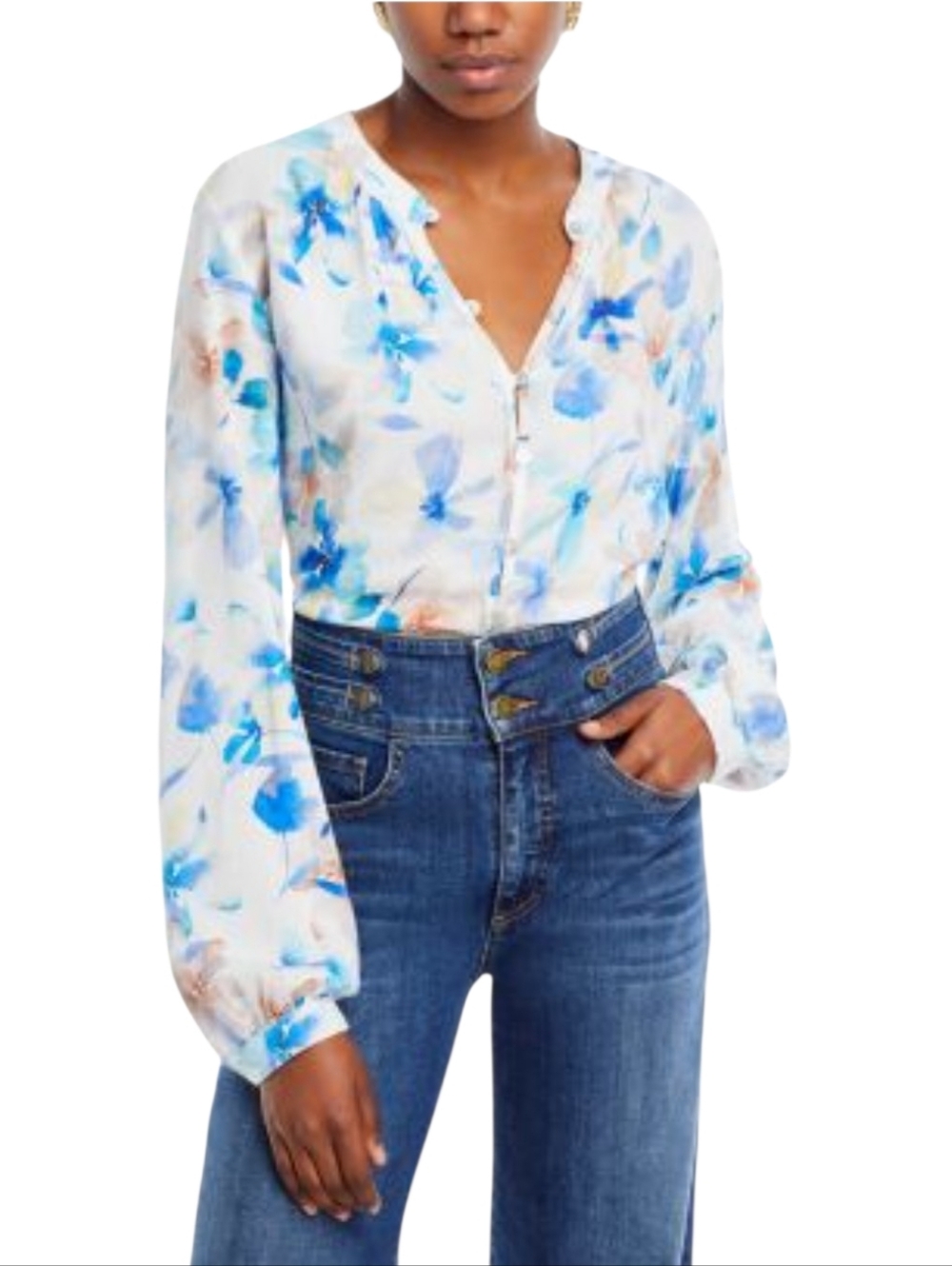 🌻Bella Dahl Floral White Rayon Blouse with Blue Print